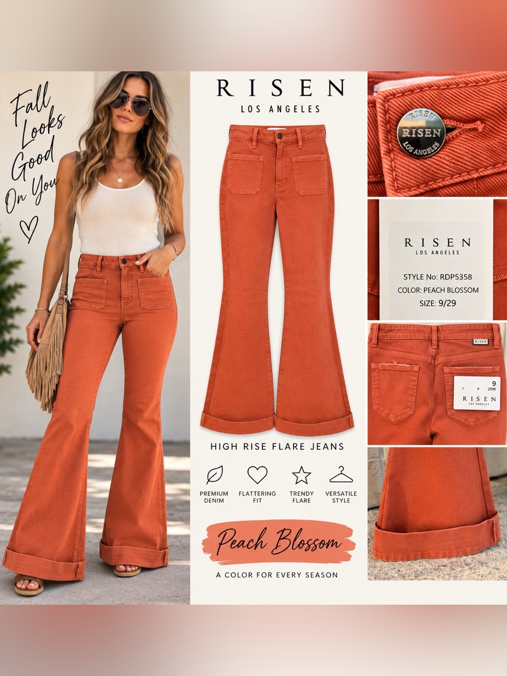 NWT RISEN Peach Blossom High Rise Flare Jeans Size 9/29 RDP5358